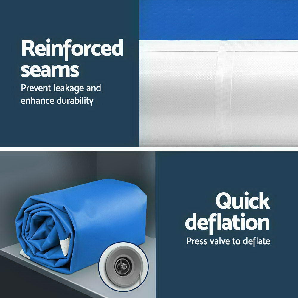 Everfit 4X1M Inflatable Air Track Mat in blue, showcasing its thickness and durable fabric, with an electric air pump included.